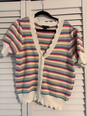 DESIGN365 Short-Sleeve Striped Knit Cardigan - Multi/White